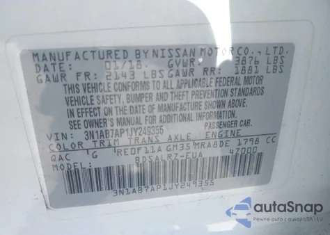 2018 Nissan Sentra Sr из США, поврежденный, VIN 3N1AB7AP1JY249355